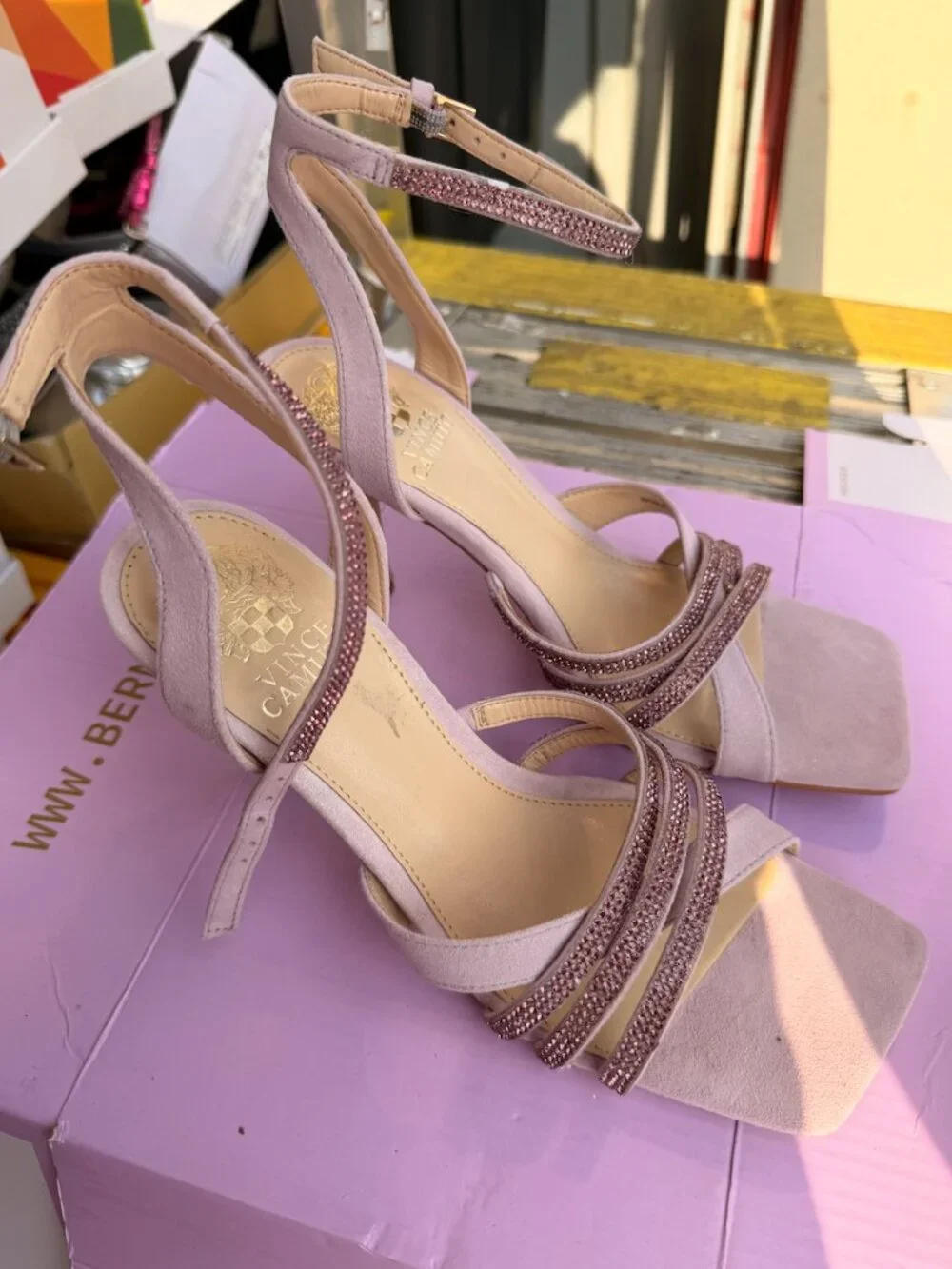 Vince Camuto Purple Rhinestone Strappy Heels | Size 8